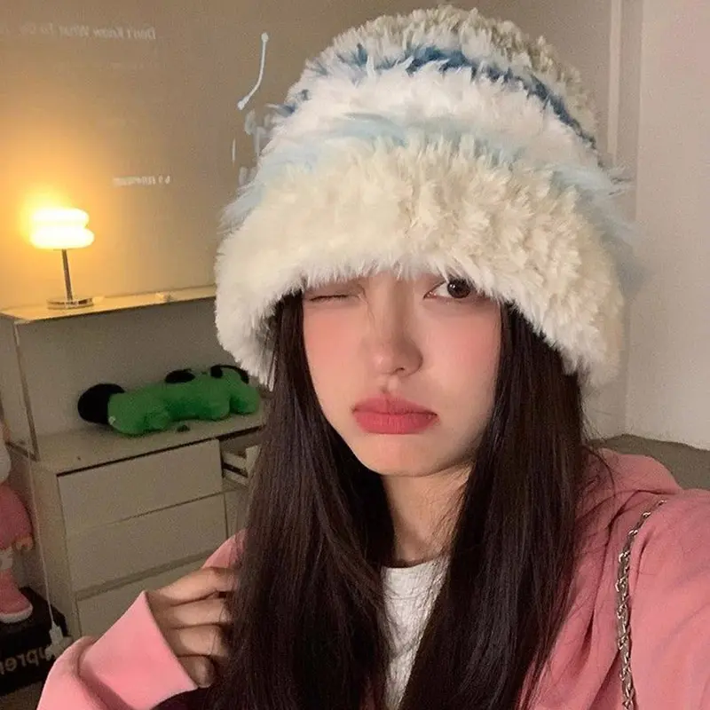 Winter Warm Ear Protection Hats for Women Fashion Thick Plush Anti-Cold Wool Pullover Hats Outdoor Windproof Female Skullcaps