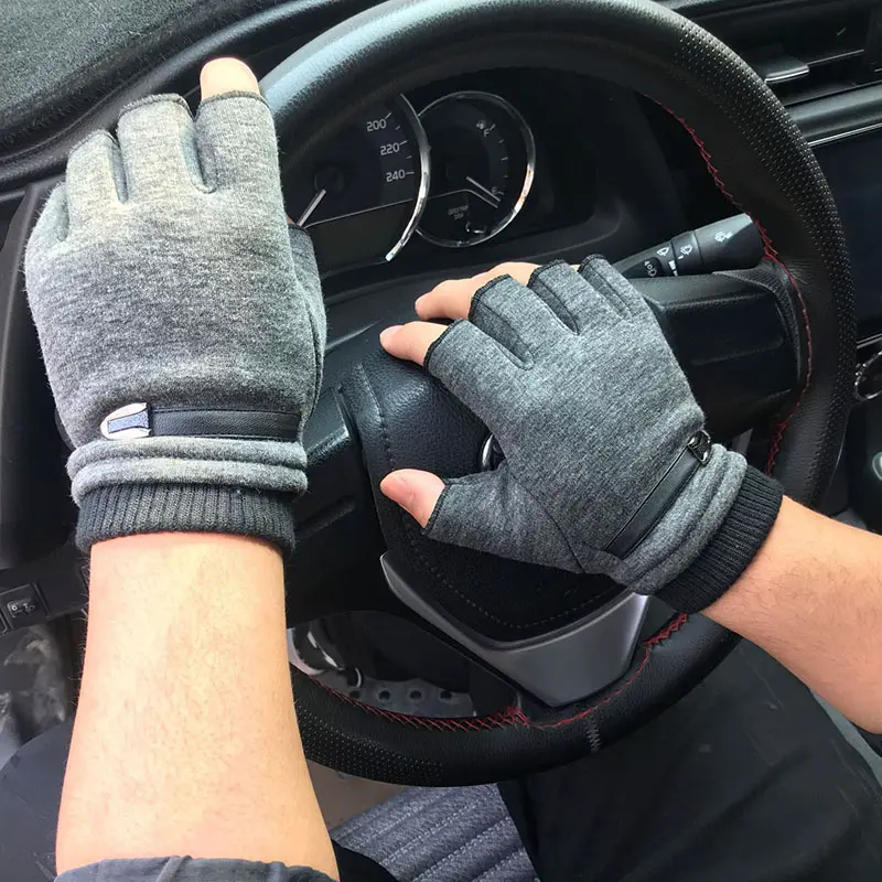Winter Fleece Warm Gloves Men Half Finger Gloves Stretch Fingerless Mittens For Outdoor Cycling Driving Gloves