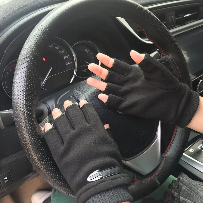 Winter Fleece Warm Gloves Men Half Finger Gloves Stretch Fingerless Mittens For Outdoor Cycling Driving Gloves