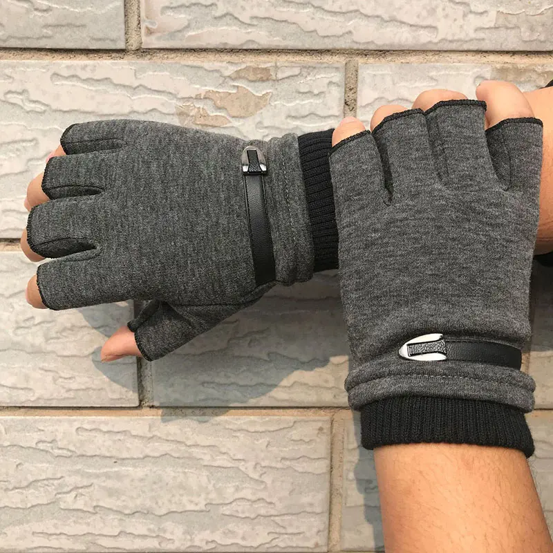 Winter Fleece Warm Gloves Men Half Finger Gloves Stretch Fingerless Mittens For Outdoor Cycling Driving Gloves