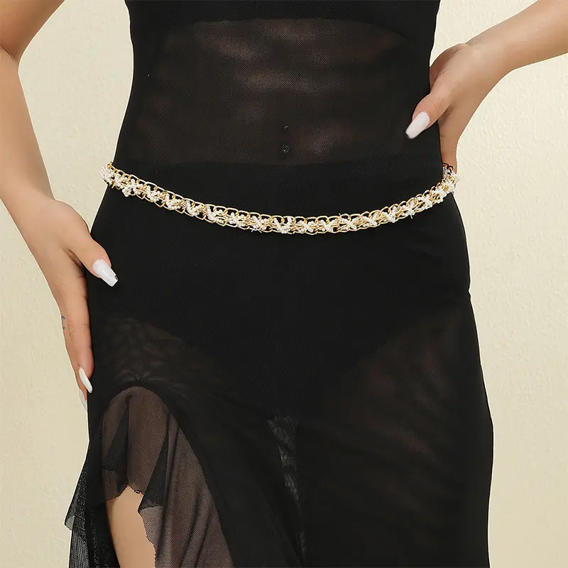 Gold Metal Waist Chain for Women Pearl Pendant Adjustable Thin Waistband Lady Dress Coat Decorative Straps Girdle