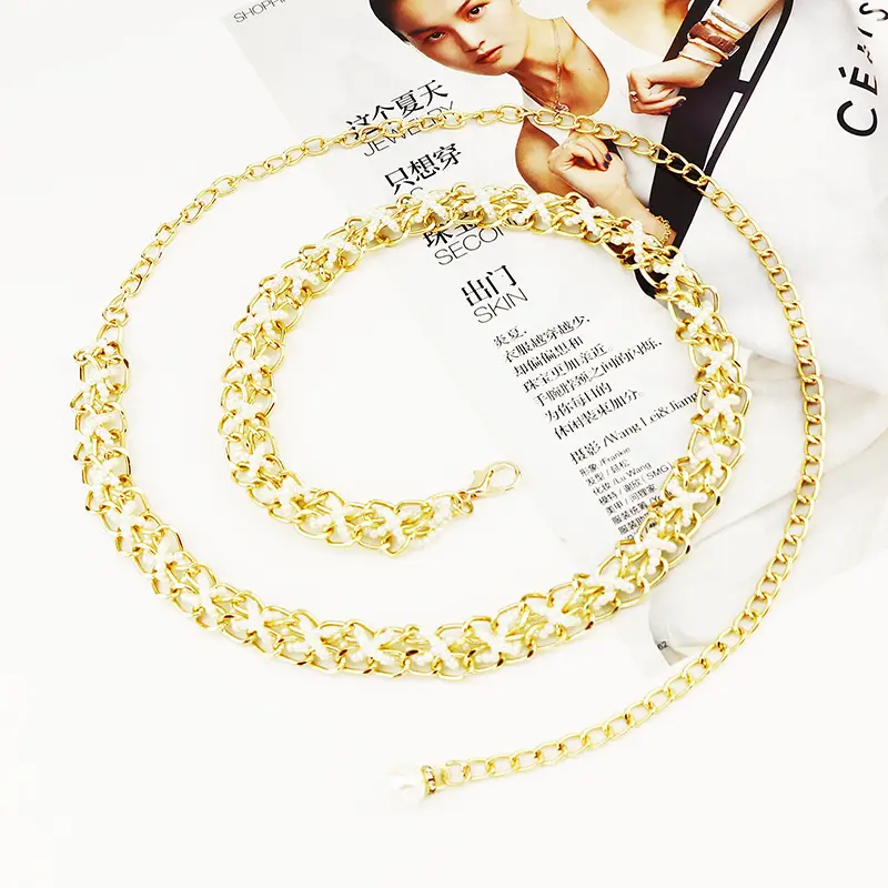 Gold Metal Waist Chain for Women Pearl Pendant Adjustable Thin Waistband Lady Dress Coat Decorative Straps Girdle