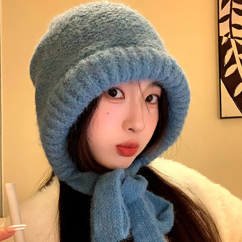 Solid Color Knit Balaclava Hat Autumn Winter Thick Outdoor Warm Ear Protection Hats for Women Windproof Anti-Cold Female Bonnets