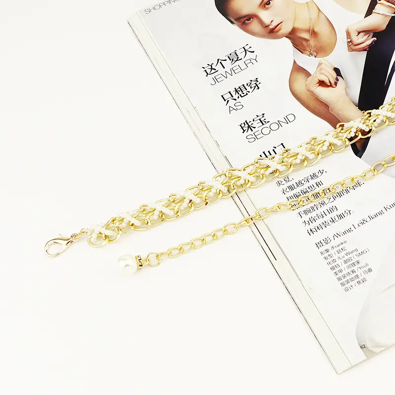 Gold Metal Waist Chain for Women Pearl Pendant Adjustable Thin Waistband Lady Dress Coat Decorative Straps Girdle
