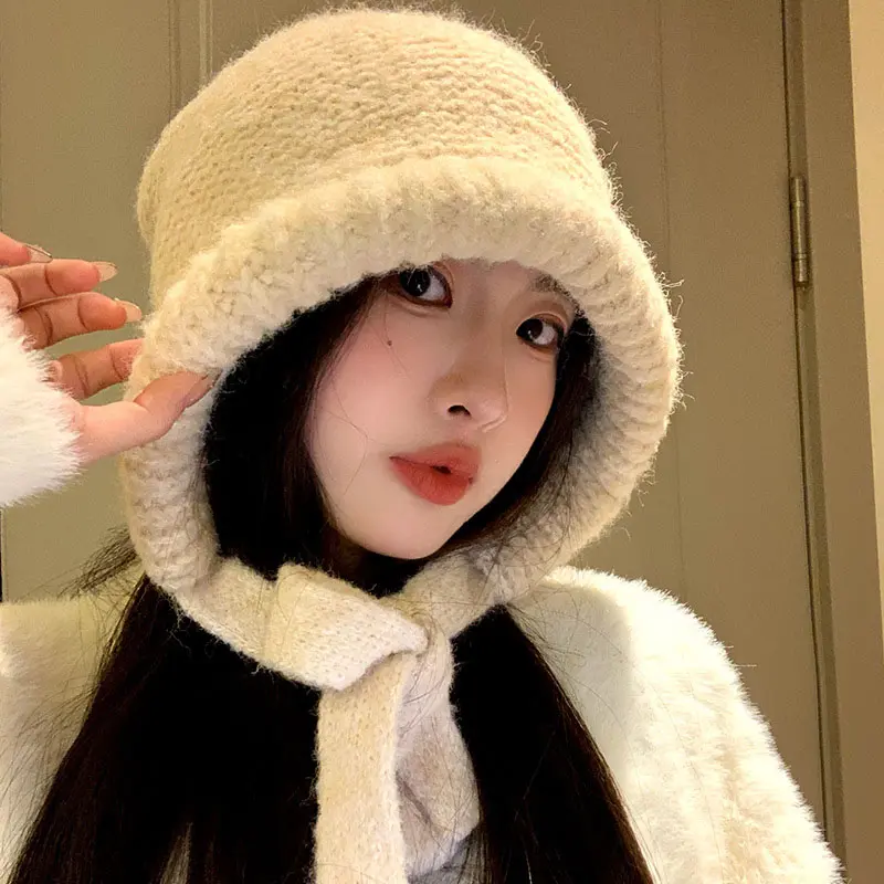 Solid Color Knit Balaclava Hat Autumn Winter Thick Outdoor Warm Ear Protection Hats for Women Windproof Anti-Cold Female Bonnets