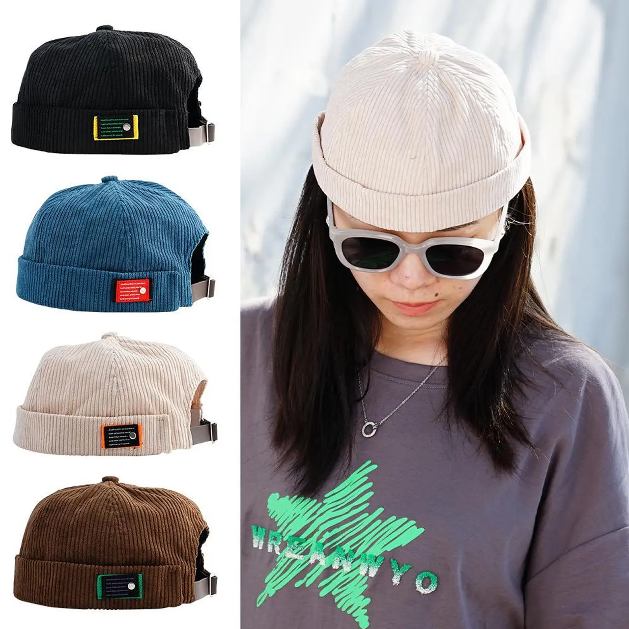 Winter Corduroy Brimless Hats for Men Women Solid Color Dome Adjustable Melon Caps Retro Hip Hop Streetwear Caps