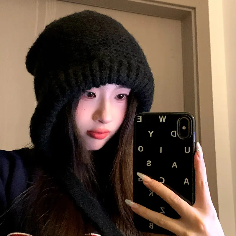 Solid Color Knit Balaclava Hat Autumn Winter Thick Outdoor Warm Ear Protection Hats for Women Windproof Anti-Cold Female Bonnets
