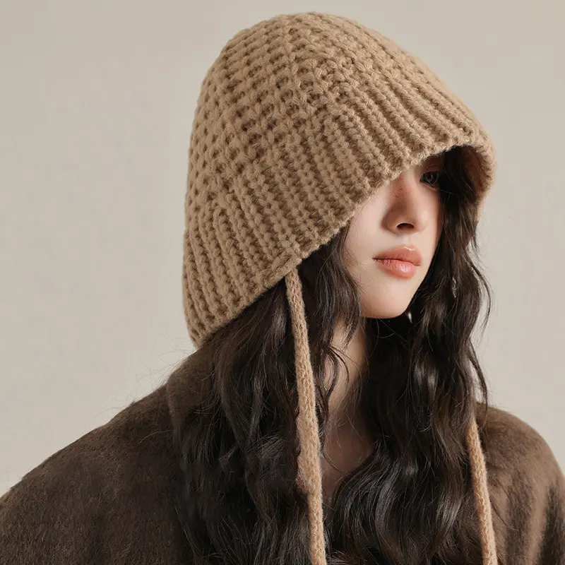 Winter Knitted Ear Protection Hats for Women Solid Color Woolen Crochet Warm Fisherman Caps Lacing Outdoor Windproof Bonnet