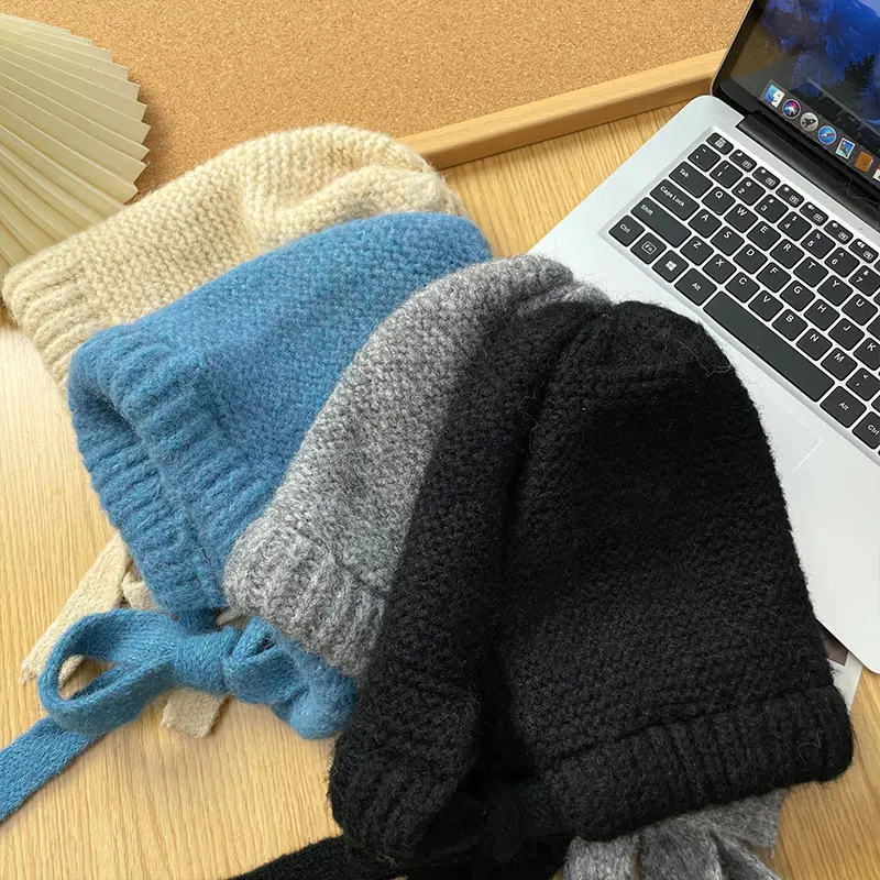 Solid Color Knit Balaclava Hat Autumn Winter Thick Outdoor Warm Ear Protection Hats for Women Windproof Anti-Cold Female Bonnets