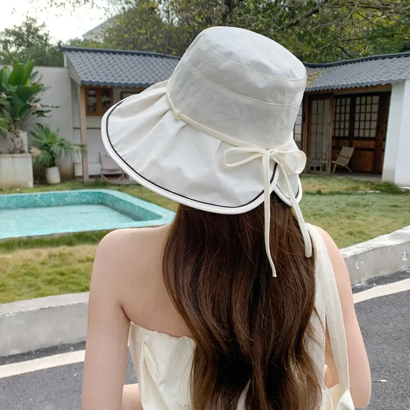 Wide Brim Women Fisherman Caps Summer Outdoor Travel UV Protection Bucket Hats Korean Bow Girl Sunscreen Basin Caps