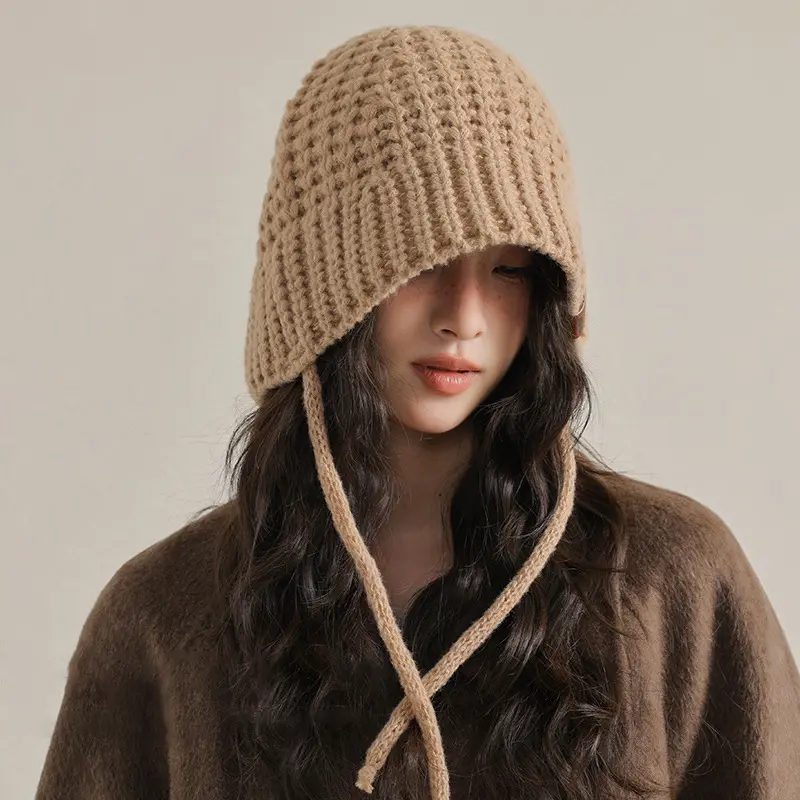 Winter Knitted Ear Protection Hats for Women Solid Color Woolen Crochet Warm Fisherman Caps Lacing Outdoor Windproof Bonnet