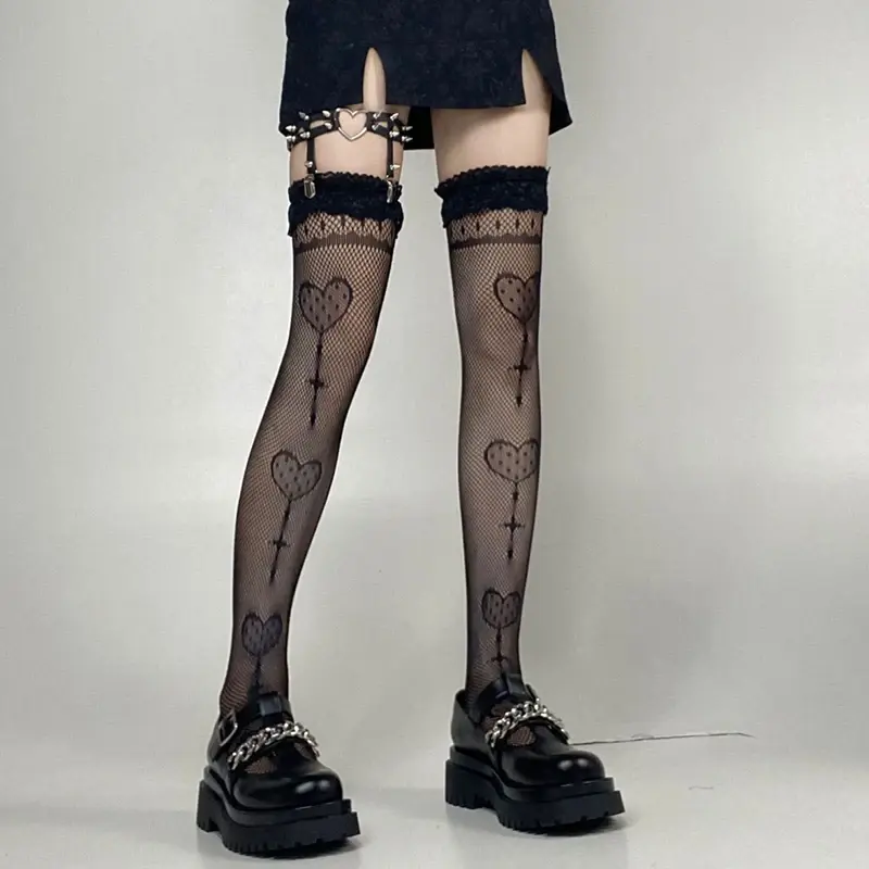 Love Heart Embroidery Stockings for Women Sexy Lace Thin Tight Fishnet Stockings Harajuku Girl Elastic over Knee Long Socks
