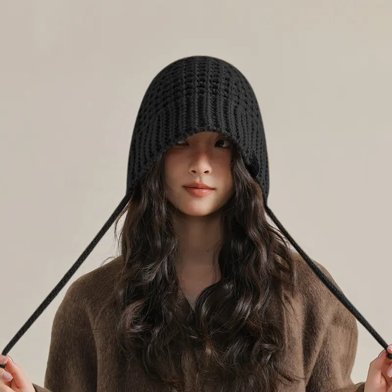 Winter Knitted Ear Protection Hats for Women Solid Color Woolen Crochet Warm Fisherman Caps Lacing Outdoor Windproof Bonnet