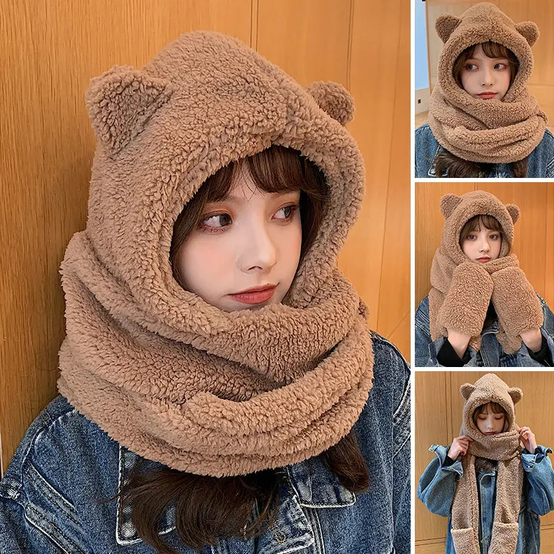 Cartoon Bear Hat One Piece Scarf for Women Winter Thick Plush Warm Headgear Caps Outdoor Windproof Windproof Ear Protection Hats