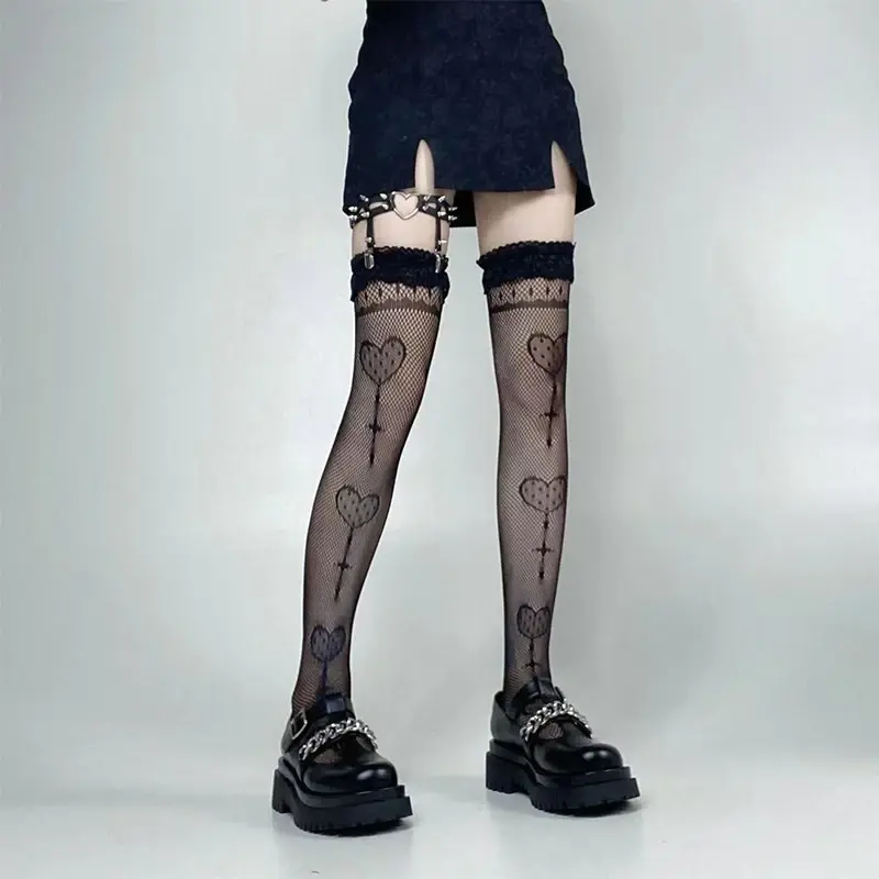 Love Heart Embroidery Stockings for Women Sexy Lace Thin Tight Fishnet Stockings Harajuku Girl Elastic over Knee Long Socks