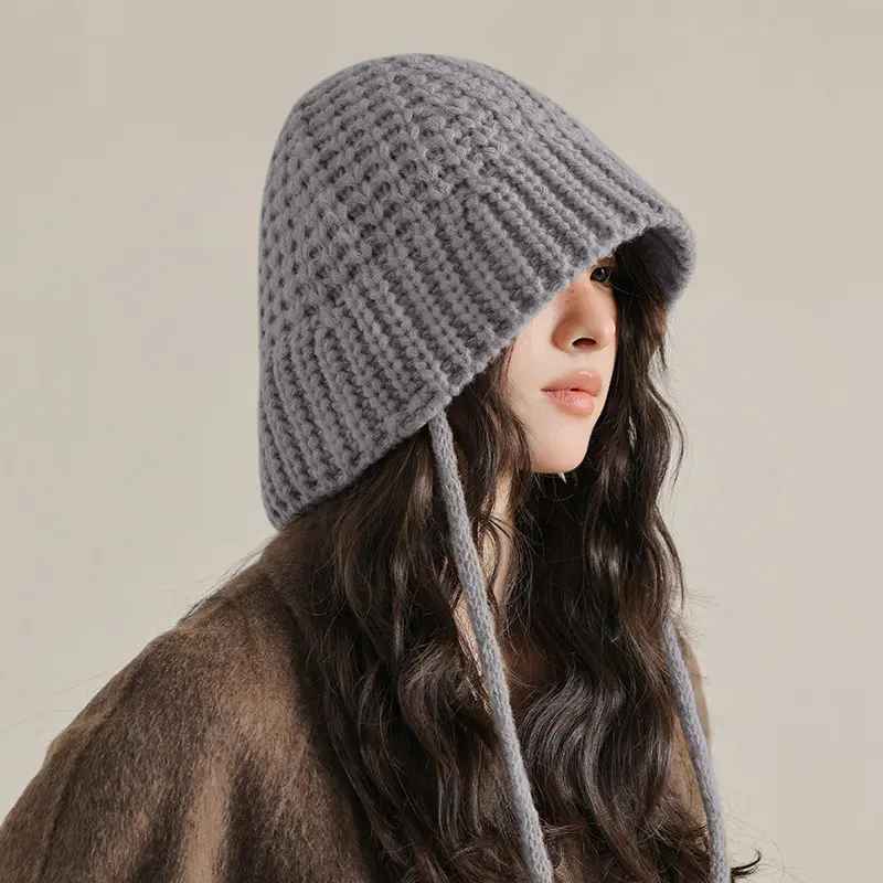 Winter Knitted Ear Protection Hats for Women Solid Color Woolen Crochet Warm Fisherman Caps Lacing Outdoor Windproof Bonnet