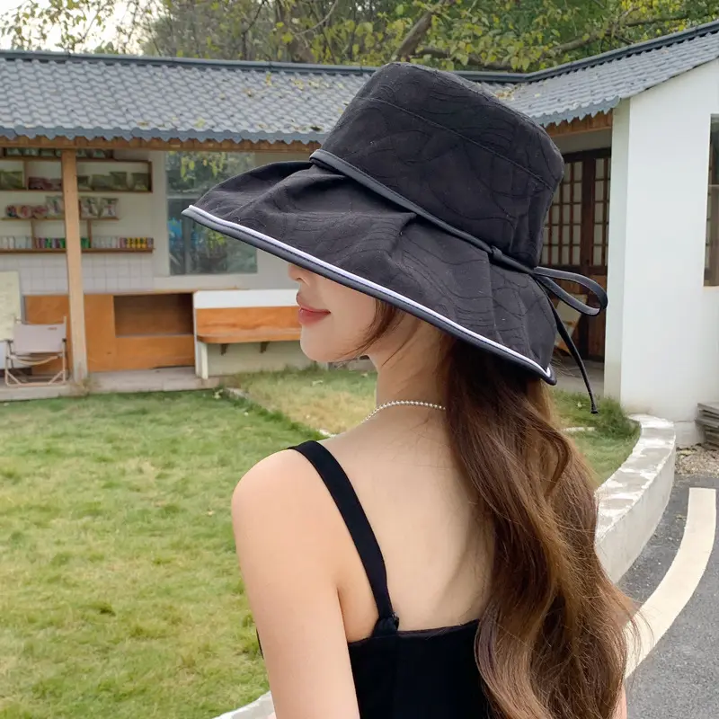 Wide Brim Women Fisherman Caps Summer Outdoor Travel UV Protection Bucket Hats Korean Bow Girl Sunscreen Basin Caps