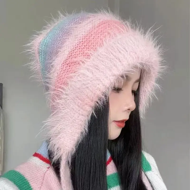 Gradient Color Plush Knit Ear Protection Hats for Women Winter Outdoor Windproof Warm Bonnet Fashion Colorful Anti-Cold Earmuffs