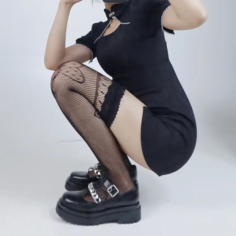 Love Heart Embroidery Stockings for Women Sexy Lace Thin Tight Fishnet Stockings Harajuku Girl Elastic over Knee Long Socks