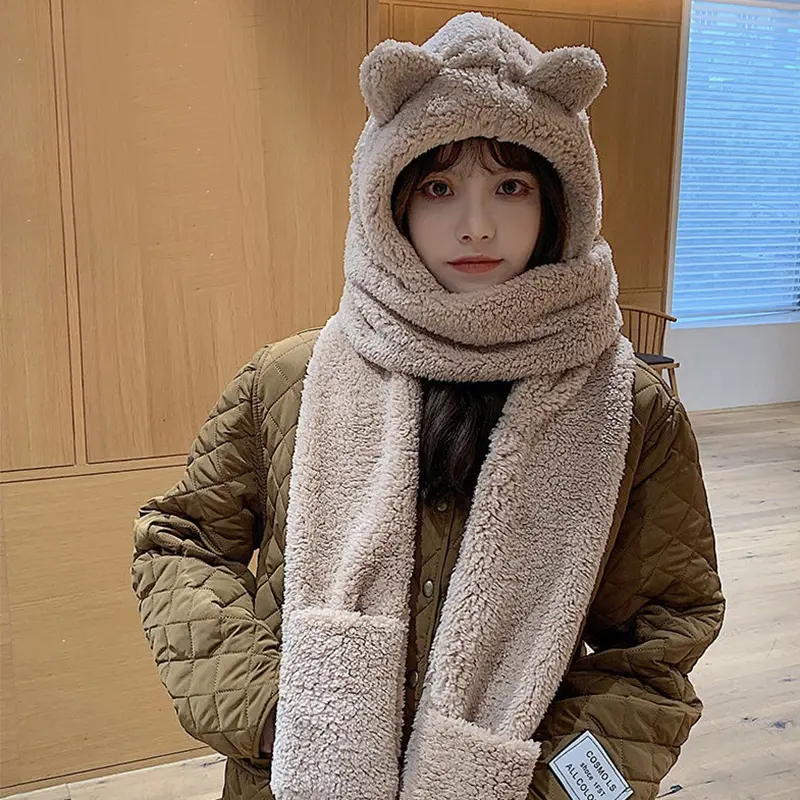 Cartoon Bear Hat One Piece Scarf for Women Winter Thick Plush Warm Headgear Caps Outdoor Windproof Windproof Ear Protection Hats