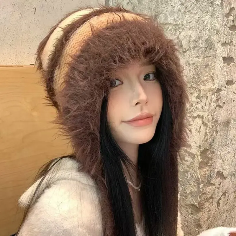 Gradient Color Plush Knit Ear Protection Hats for Women Winter Outdoor Windproof Warm Bonnet Fashion Colorful Anti-Cold Earmuffs