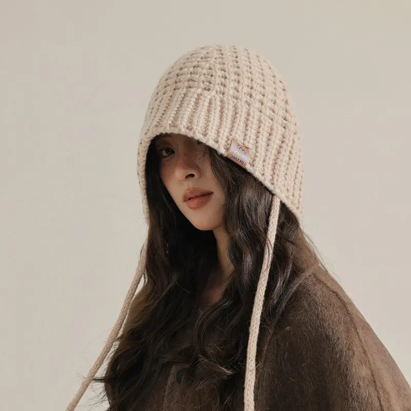 Winter Knitted Ear Protection Hats for Women Solid Color Woolen Crochet Warm Fisherman Caps Lacing Outdoor Windproof Bonnet