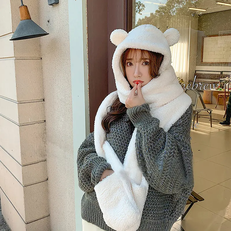 Cartoon Bear Hat One Piece Scarf for Women Winter Thick Plush Warm Headgear Caps Outdoor Windproof Windproof Ear Protection Hats