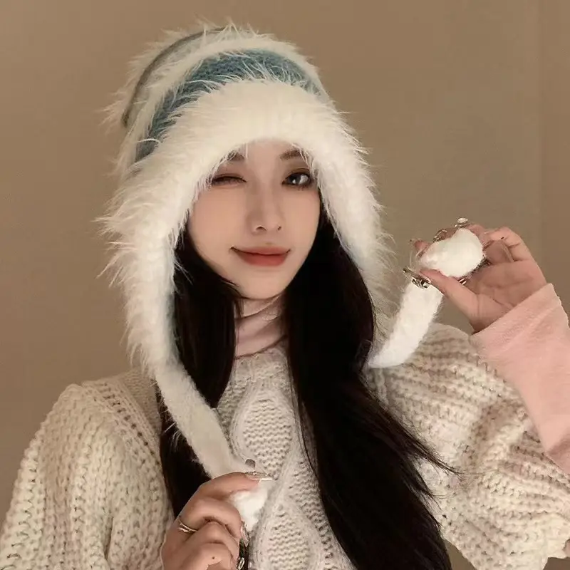 Gradient Color Plush Knit Ear Protection Hats for Women Winter Outdoor Windproof Warm Bonnet Fashion Colorful Anti-Cold Earmuffs