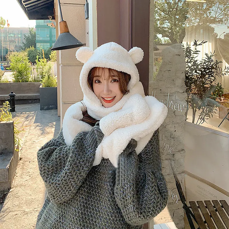 Cartoon Bear Hat One Piece Scarf for Women Winter Thick Plush Warm Headgear Caps Outdoor Windproof Windproof Ear Protection Hats