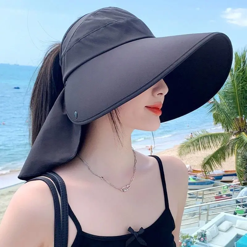 Summer Large Brim Shawl Hats for Women Solid Color Face Neck Protection Fisherman Caps Outdoor Beach Lady Sunscreen Caps