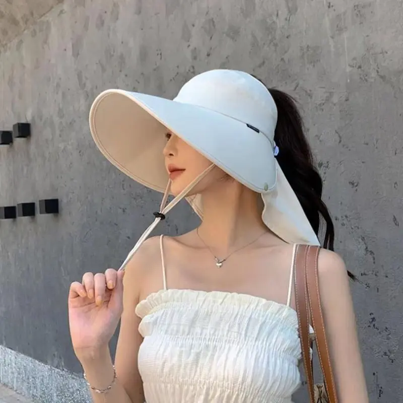 Summer Large Brim Shawl Hats for Women Solid Color Face Neck Protection Fisherman Caps Outdoor Beach Lady Sunscreen Caps