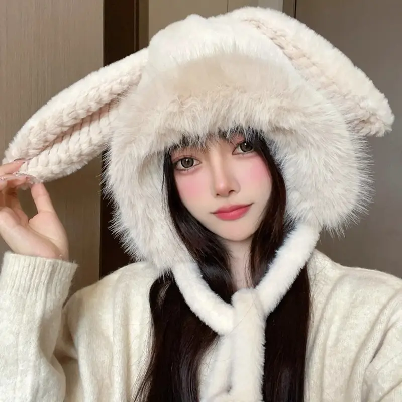 Thick Faux Fur Earflap Hats for Women Winter Plush Warm Ear Protection Hats Cute Outdoor Anti-Cold Windproof Bomber Caps