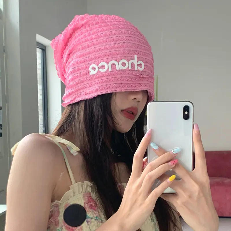 Rose Red Loose Beanies for Women Fashion Japanese Streetwear Letter Hip Hop Hats Spring Autumn Thin Elastic Skullies Caps
