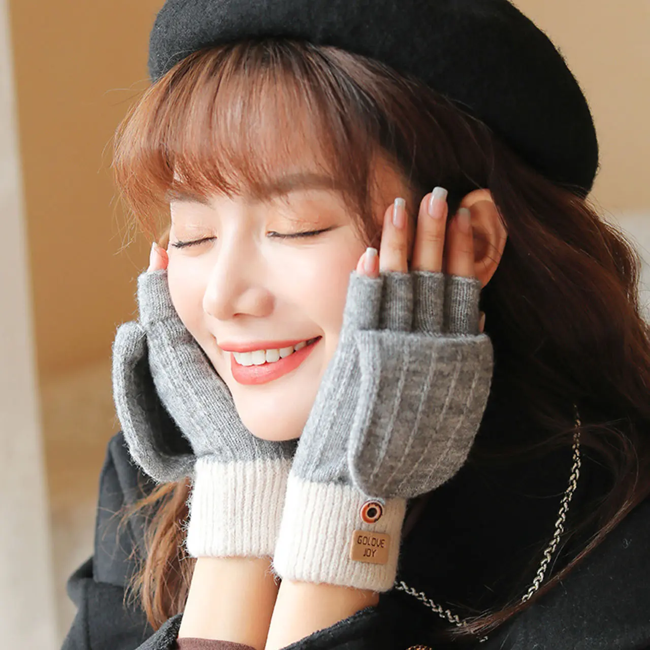 Winter Women Knitted Flip Gloves Fashion Patchwork Soft Thicken Warm Half Finger Mittens Korean Girl Outdoor Windproof Gloves