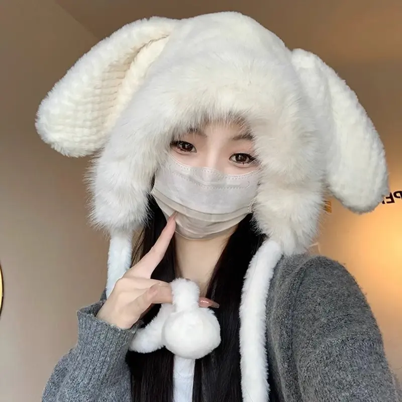 Thick Faux Fur Earflap Hats for Women Winter Plush Warm Ear Protection Hats Cute Outdoor Anti-Cold Windproof Bomber Caps