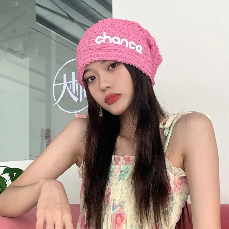 Rose Red Loose Beanies for Women Fashion Japanese Streetwear Letter Hip Hop Hats Spring Autumn Thin Elastic Skullies Caps