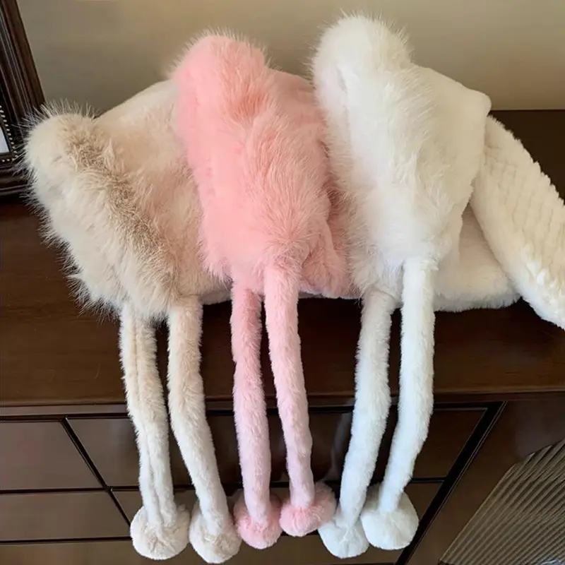 Thick Faux Fur Earflap Hats for Women Winter Plush Warm Ear Protection Hats Cute Outdoor Anti-Cold Windproof Bomber Caps