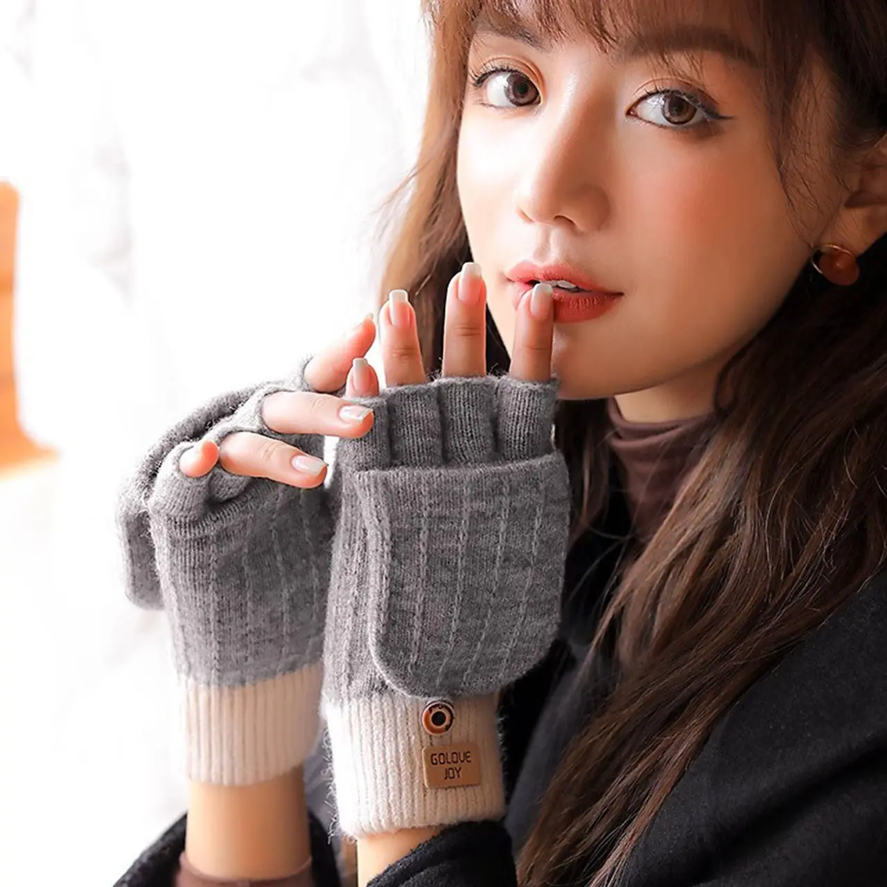 Winter Women Knitted Flip Gloves Fashion Patchwork Soft Thicken Warm Half Finger Mittens Korean Girl Outdoor Windproof Gloves