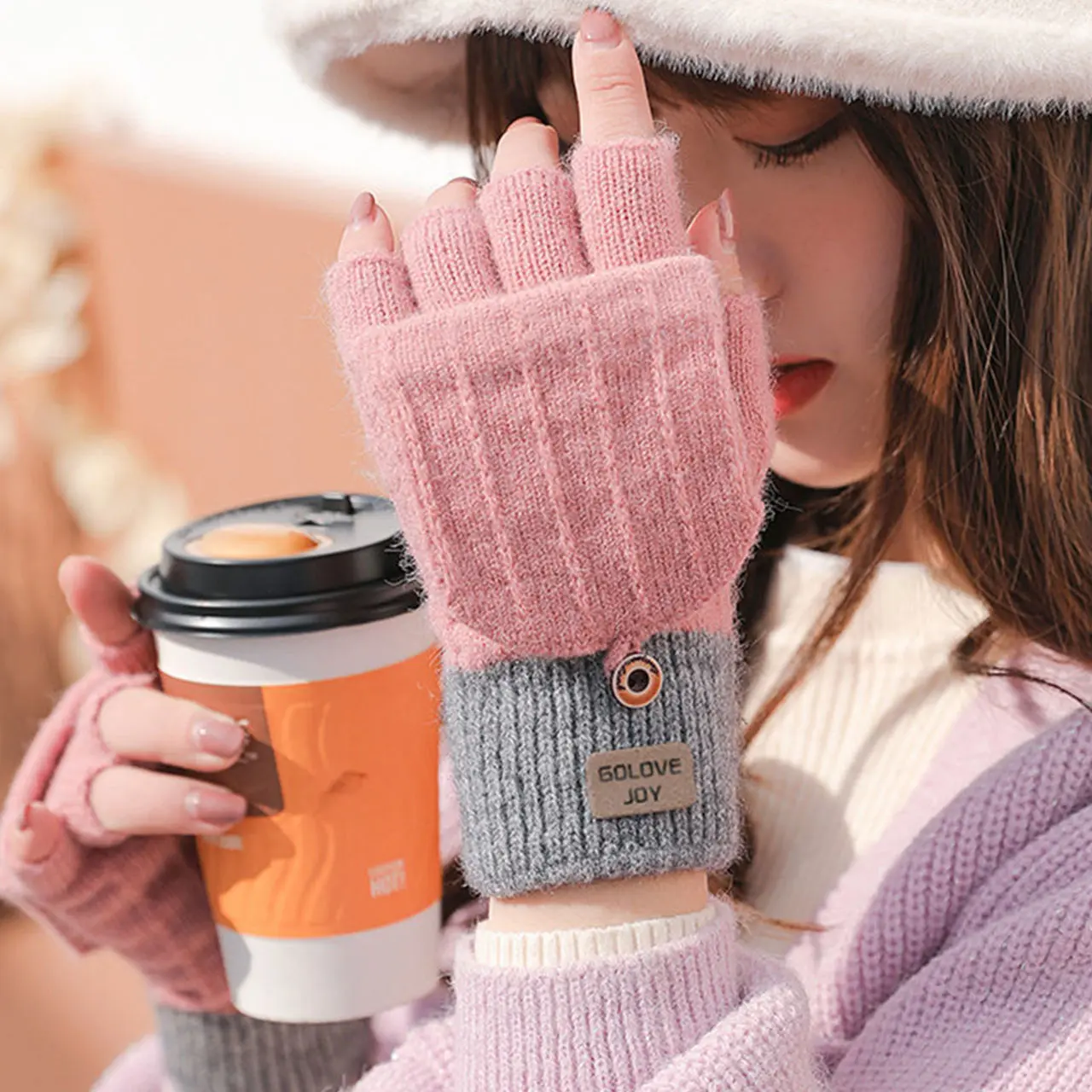 Winter Women Knitted Flip Gloves Fashion Patchwork Soft Thicken Warm Half Finger Mittens Korean Girl Outdoor Windproof Gloves