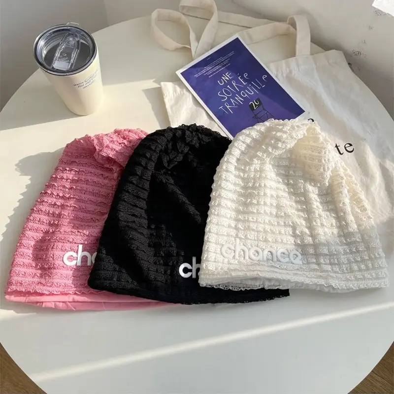 Rose Red Loose Beanies for Women Fashion Japanese Streetwear Letter Hip Hop Hats Spring Autumn Thin Elastic Skullies Caps
