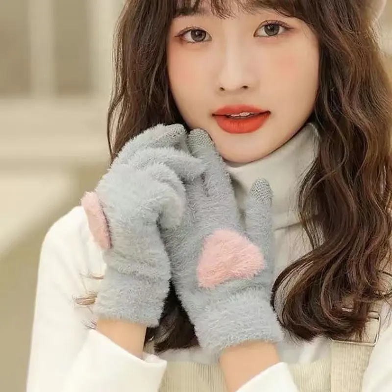 Love Heart Plush Gloves for Women Winter Thick Fluffy Fur Warm Five Finger Mittens Korean Girl Riding Anti-Cold Gloves