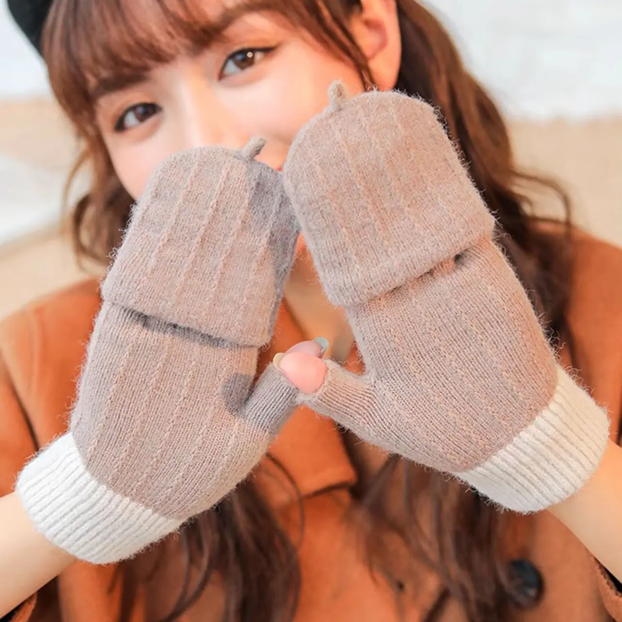 Winter Women Knitted Flip Gloves Fashion Patchwork Soft Thicken Warm Half Finger Mittens Korean Girl Outdoor Windproof Gloves