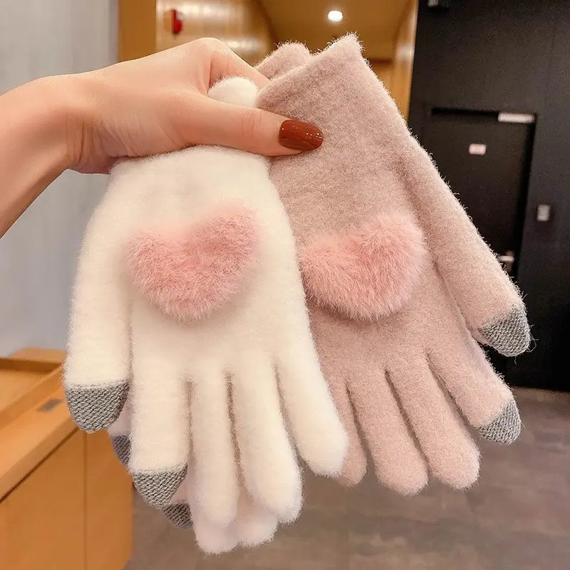 Love Heart Plush Gloves for Women Winter Thick Fluffy Fur Warm Five Finger Mittens Korean Girl Riding Anti-Cold Gloves