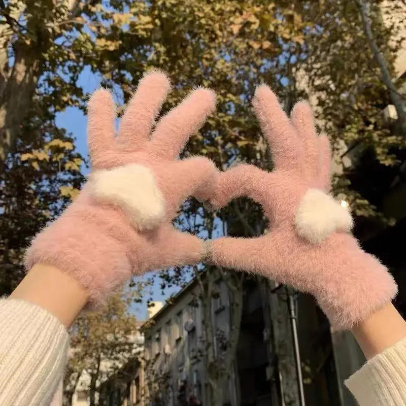 Love Heart Plush Gloves for Women Winter Thick Fluffy Fur Warm Five Finger Mittens Korean Girl Riding Anti-Cold Gloves