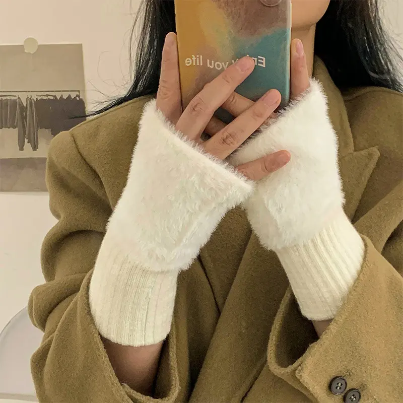 Winter Plush Gloves for Women Solid Color Thicken Faux Fur Warm Half Finger Long Mittens Korean Girl Anti-Cold Fingerless Gloves