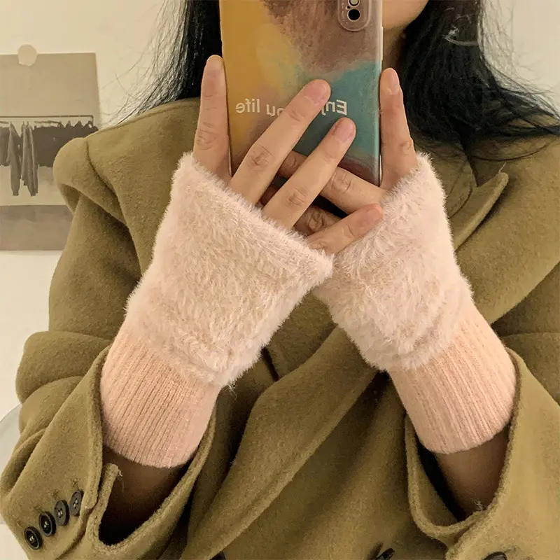 Winter Plush Gloves for Women Solid Color Thicken Faux Fur Warm Half Finger Long Mittens Korean Girl Anti-Cold Fingerless Gloves