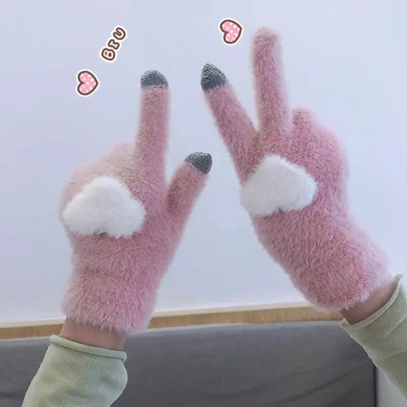 Love Heart Plush Gloves for Women Winter Thick Fluffy Fur Warm Five Finger Mittens Korean Girl Riding Anti-Cold Gloves