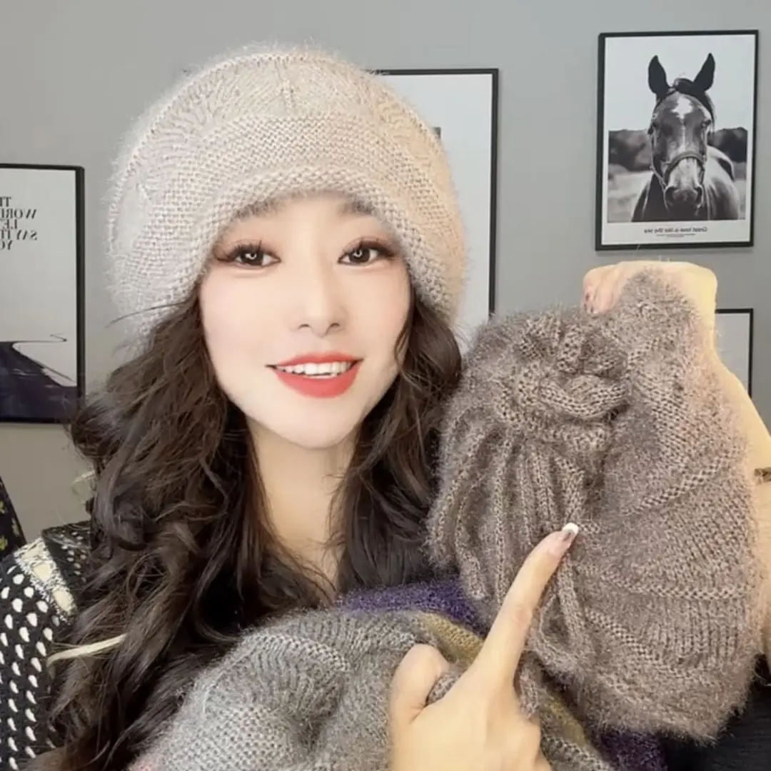 Autumn Winter Knitted Warm Hats for Women Fashion Drawstring Baggy Slouchy Pile Caps Solid Color Lady Windproof Skullcaps