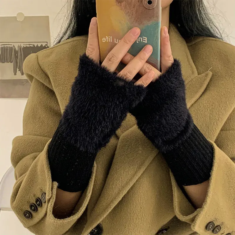 Winter Plush Gloves for Women Solid Color Thicken Faux Fur Warm Half Finger Long Mittens Korean Girl Anti-Cold Fingerless Gloves