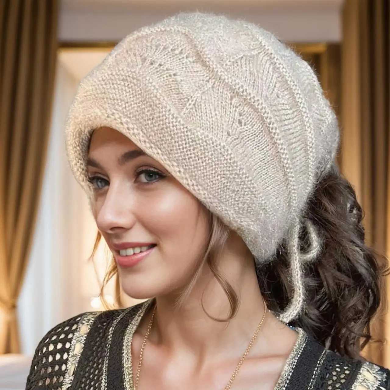 Autumn Winter Knitted Warm Hats for Women Fashion Drawstring Baggy Slouchy Pile Caps Solid Color Lady Windproof Skullcaps
